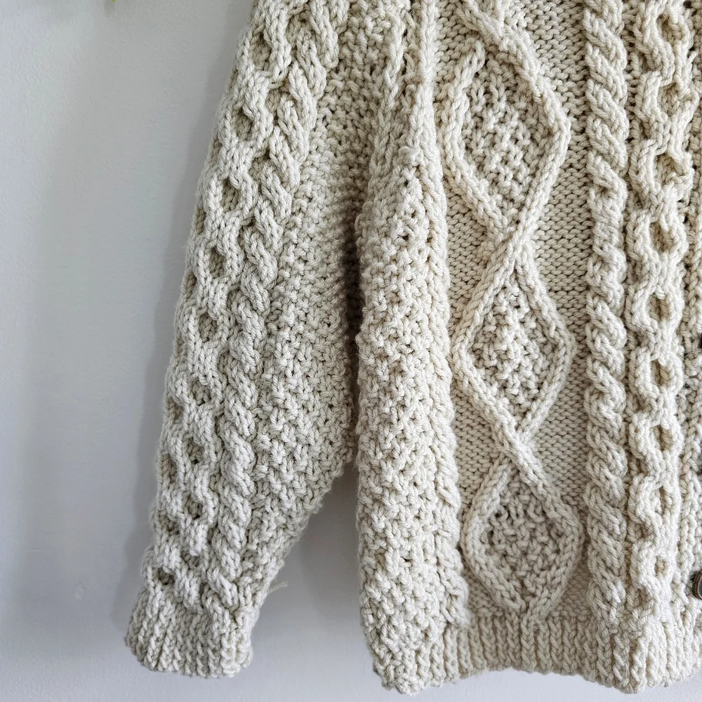 Vintage Hand Knit Cream Chunky Cardigan  Sweater Jacket Children Size Large